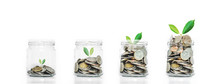 Money Saving Growth Concepts, Glass Jar With Coins And Plants Growing, Isolated On White Background