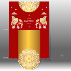 Indian wedding Invitation card templates with gold Elephant patterned and crystals on paper color.