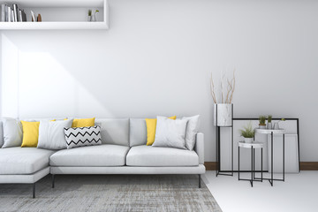 3d rendering yellow sofa in white living room with beautiful decor