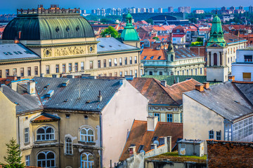 Zagreb downtown architecture closeup. / Aerial view on old city center in capital town of Croatia, Zagreb downtown architectural closeup details with skyscrapers in background.