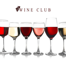 Wall Mural - Glasses of different wine and text WINE CLUB on white background