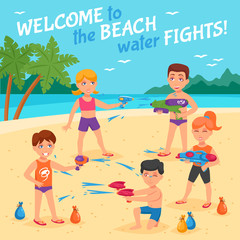 Wall Mural - Beach Water Fights Illustration 