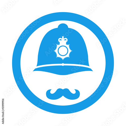 Icono plano casco policia britanico con bigote en circulo color azul ...