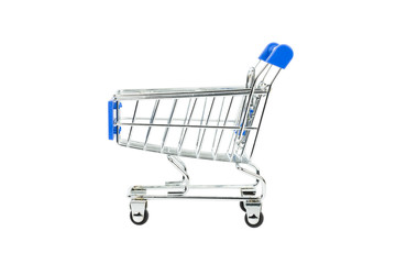 Shopping cart with blue handle on white background