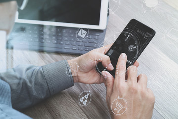 Poster - Hand using mobile payments online shopping,omni channel,icon cus