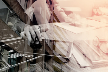 Aufkleber - Double exposure of Website designer holding smart phone and work