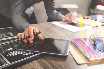 Aufkleber - Website designer holding smart phone and working computer digita