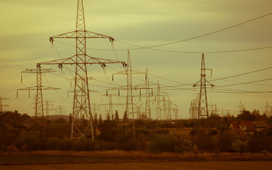 Industrial landscape - view of the electric poles.