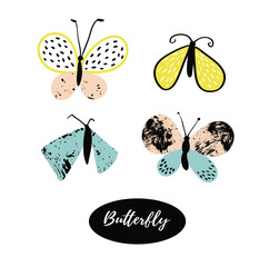 Wall Mural - Hand drawn butterfly logo design collection. Vector elements isolated on the white background.