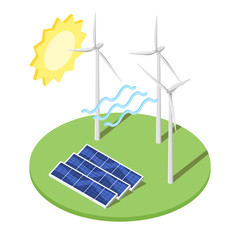 Illustration of windmill and solar panels.