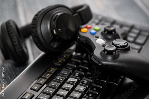 Plakat Gaming game play video on tv or monitor. Gamer concept.
