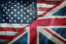 Mixed Flags Of The USA And The UK. Union Jack Flag.Flags Of The USA And The UK Divided Diagonally.