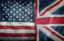 Mixed Flags Of The USA And The UK. Union Jack Flag.Flags Of The USA And The UK Divided Vertically..