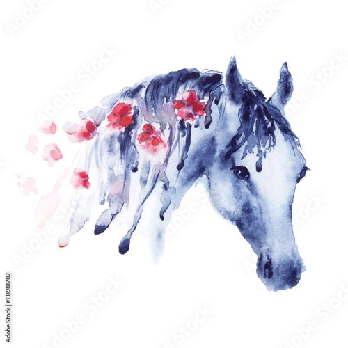 violet-watercolor-horse-head-portrait-with-red-flowers-in-mane-beautiful-hand-drawing-illustration-on-white