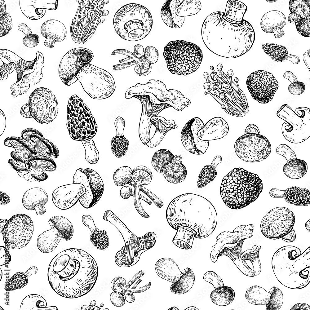 Mushroom hand drawn vector seamlees pattern. Isolated Sketch foo - obrazy, fototapety, plakaty 