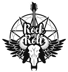 Wall Mural - vector illustration with an electric guitar and skull of goat and wings with inscription rock and roll