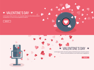 Vector illustration. Flat musical background with microphone and vinyl. Love, hearts. Valentines day. Be my valentine. 14 february.