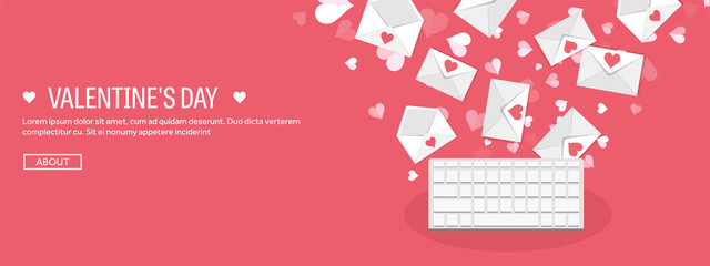 Vector illustration. Flat background with keyboard and envelope. Love, hearts. Valentines day. Be my valentine. 14 february.