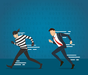 Poster - vector illustration of a businessman catching the thief and the code of hacker background