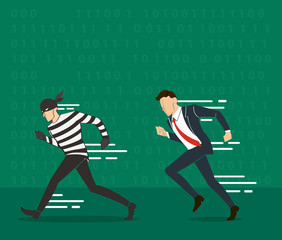 Poster - vector illustration of a businessman catching the thief and the code of hacker background