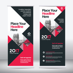 Red Color Scheme with City Background Business Roll Up Design Template.Flag Banner Design. Can be adapt to Brochure, Annual Report, Magazine,Poster, Corporate Presentation, Portfolio, Flyer, Website