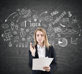 Poster - Girl with documents and business idea sketch