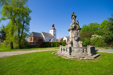 Canvas Print - Statue and church in Tyniec nad Sleza, Poland