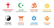 World religion symbols colored. Signs of major religious groups and religions. Christianity, Islam, Hinduism, Buddhism, Taoism, Shinto, Sikhism and Judaism, with English labeling. Illustration. Vector