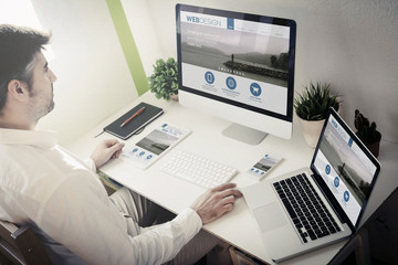 Poster - man working with devices web design