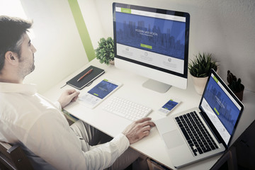 Poster - man working with devices modern web design
