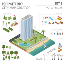 Flat 3d Isometric Resort Hotel  And City Map Constructor Element