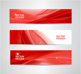 Vector set of abstract silk wavy headers, red banners.