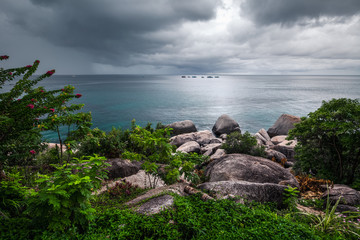 Wall Mural - Dark rainy clouds over tropical sea with stones and plant on the foreground