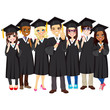 © Kakigori Studio - Group of diverse and successful graduating students together with black gown on white background