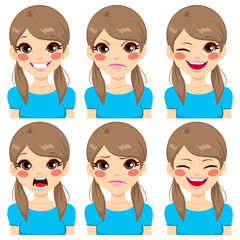 Wall Mural - Teenage girl making six different face expressions set