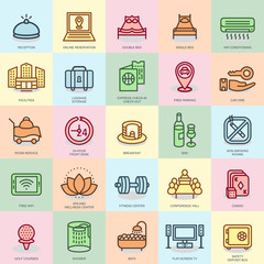 Poster - thin line hotel services, online booking icons set