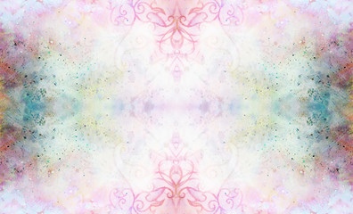 Poster - ornamental pattern on multicolor abstract background with spots.