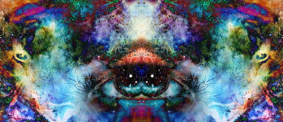 Poster - psychedelic eyes on multicolor abstract backgroung with ornamental pattern.