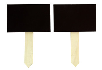 Two blank chalkboard signs attached to wooden stakes. Isolated.