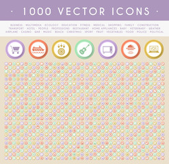 Poster - Set of 1000 Icons on Circular Color Buttons. Vector Isolated Elements.