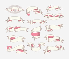 Sticker - hand drawing ribbon set in engraving old vintage style design el