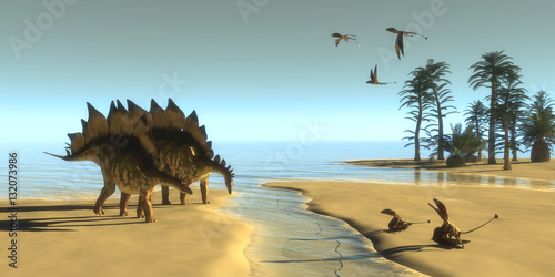 Dekoracja na wymiar  stegosaurus-dinosaur-morning-dimorphodon-miesozerne-gady-przelatuja-nad-dwoma-dinozaurami-stegosaurus