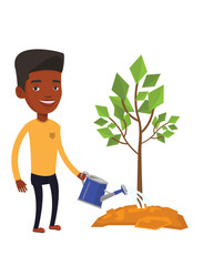 Poster - Man watering tree vector illustration.