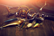 Fishing tackle - fishing spinning, hooks and lures on wooden bac