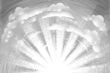 sun and clouds woodcut