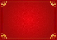 Chinese New Year Background With Golden Border, Abstract Oriental Wallpaper With Decoration Frame, Red Chinese Fan Inspiration 