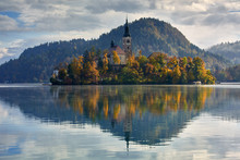 Lake Bled With St. Marys Church Of The Assumption On The Small Island; Bled, Slovenia, Europe.