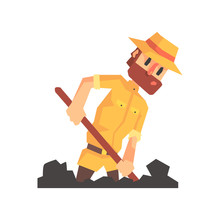 Adventurer Archeologist In Safari Outfit And Hat Digging The Ground Illustration From Funny Archeology Scientist Series