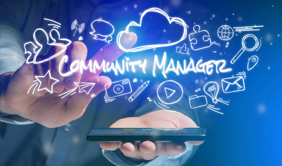 Poster - Concept of man holding smartphone with community manager icon ar