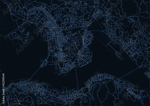 Plakat niebieski, ciemnoniebieski wektorowa mapa Hong Kong, Chiny. Plan miasta Hong K